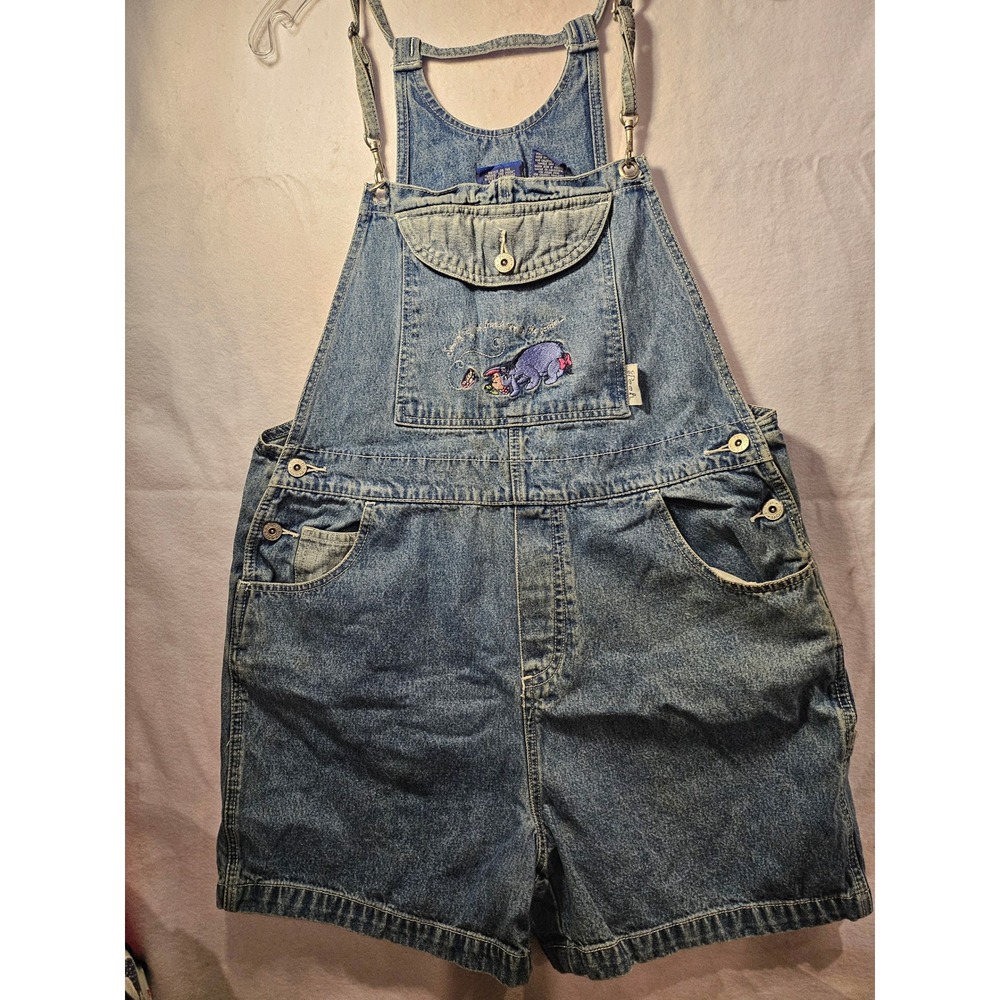 Vintage Disney Pooh Eeyore Denim Shortalls Womens Large Blue Overalls 4002